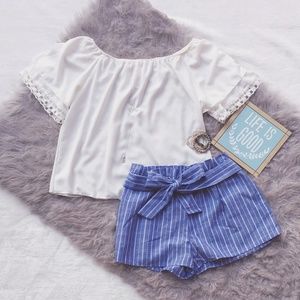 Blue Striped Elastic Waist Tie Front Shorts